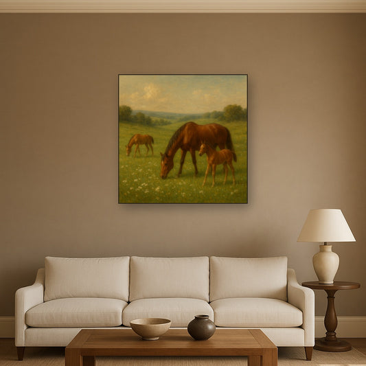 Mares & Foals Grazing in Rolling Meadow Oil Painting Staged Above Sectional Sofa in Living Room, Hand Painted Canvas Wall Art for Home Decor