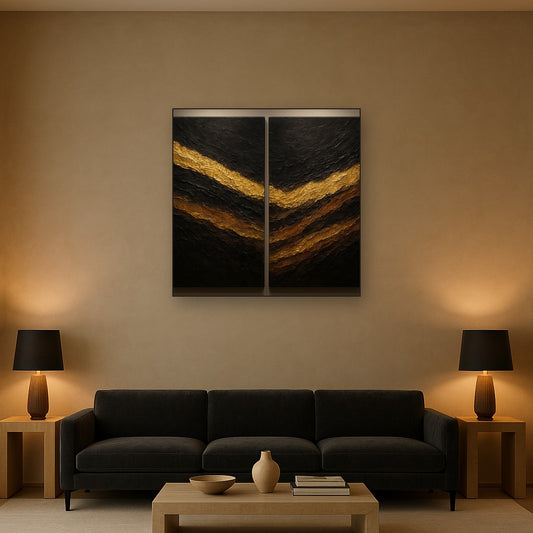 Basalt & Gold Mineral Diptych No. 2 Oil Painting - Styled in Modern Living Room