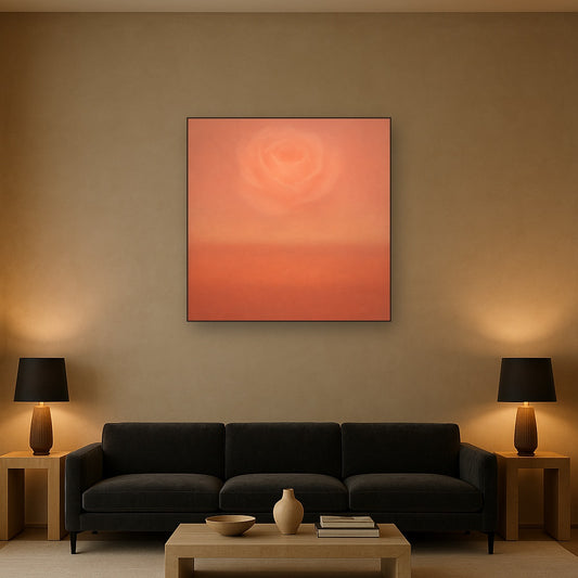 Blush Rose & Dusky Terracotta Ambient Glow No. 3 Oil Painting Staged Above Sectional Sofa in Living Room, Hand Painted Canvas Wall Art for Home Decor