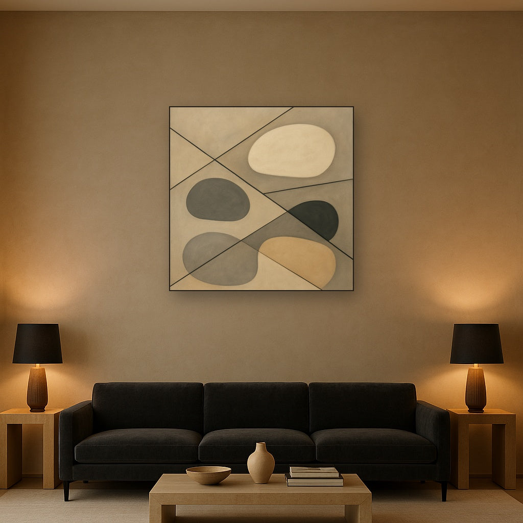 Organic Pebble Contours & Slanted Lines No. 18 Oil Painting Staged Above Sectional Sofa in Living Room, Hand Painted Canvas Wall Art for Home Decor