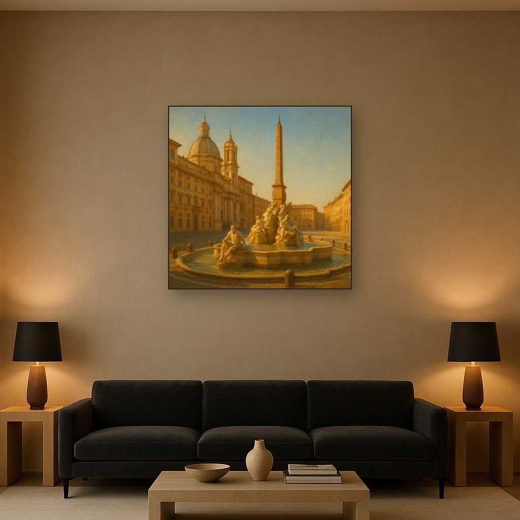 Rome Piazza Fountain in Morning Sunlight No. 21 Oil Painting Staged Above Sectional Sofa in Living Room, Hand Painted Canvas Wall Art for Home Decor