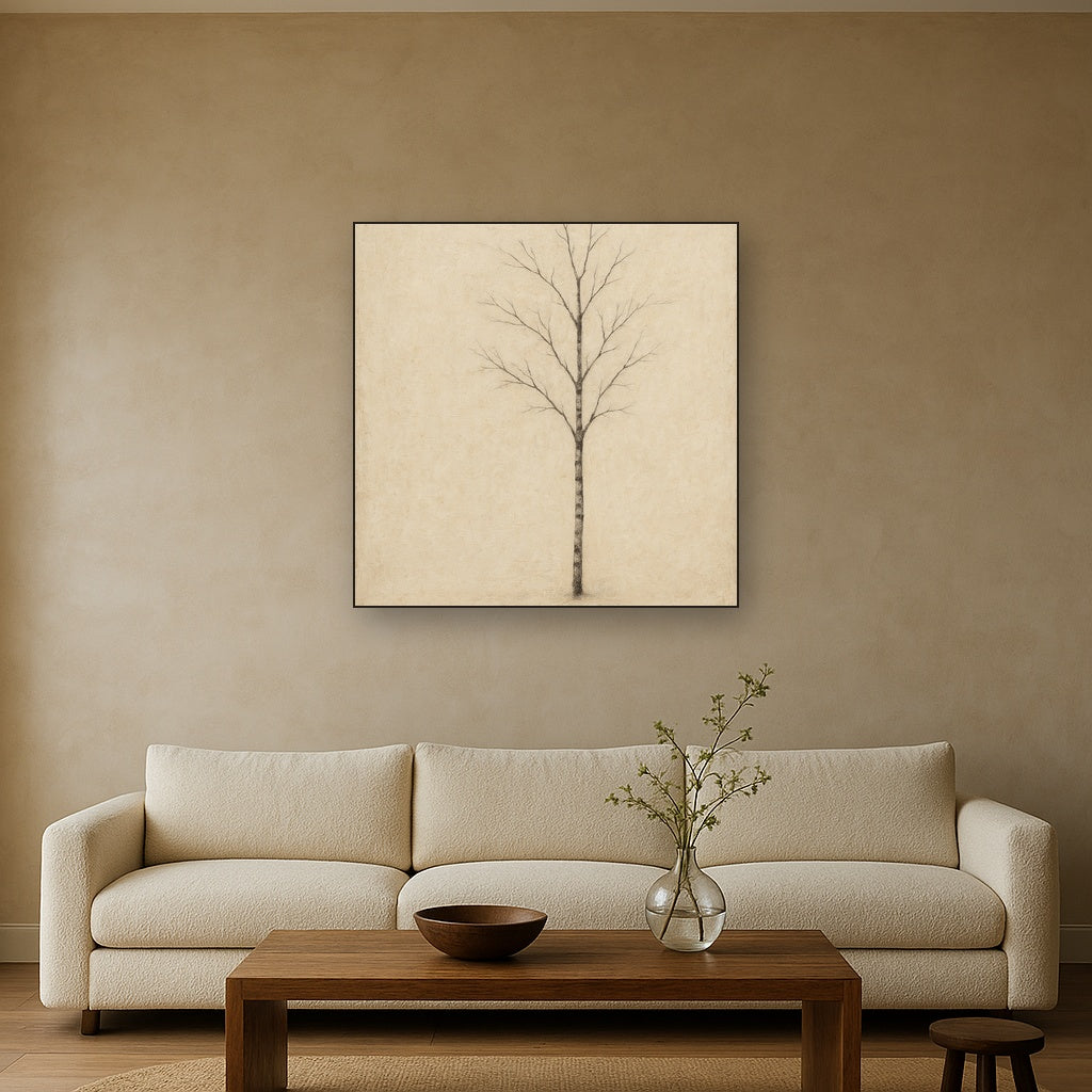 Nordic Birch Silhouette Minimalist Oil Painting - Styled in Modern Living Room