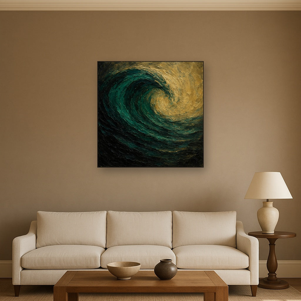 Deep Emerald & Obsidian Swell No. 4 Oil Painting - Styled in Modern Living Room