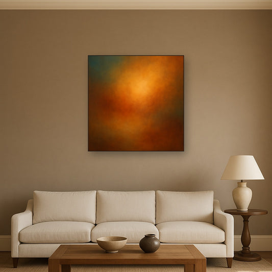 Deep Topaz & Spiced Terracotta Glow No. 7 Oil Painting Staged Above Sectional Sofa in Living Room, Hand Painted Canvas Wall Art for Home Decor