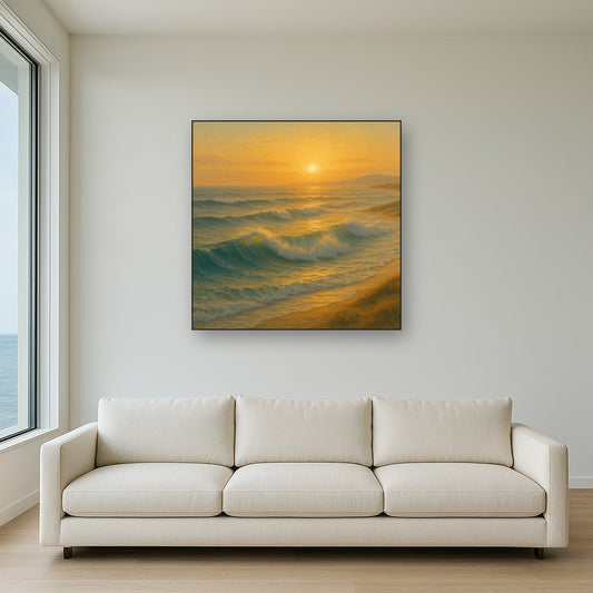 Golden Hour Sunlight on Ocean Swells Oil Painting Staged Above Sectional Sofa in Living Room, Hand Painted Canvas Wall Art for Home Decor