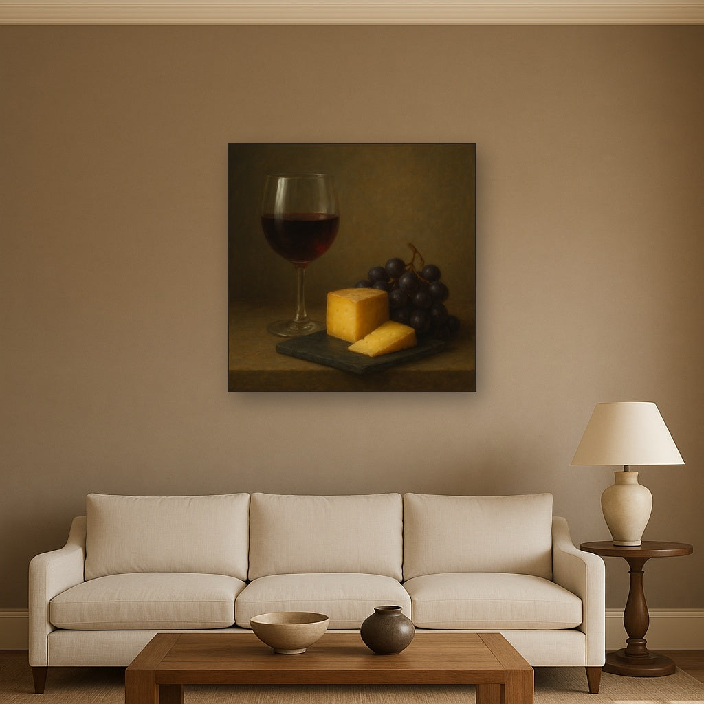 Burgundy Wine Glass & Aged Cheese Board Oil Painting - View 2