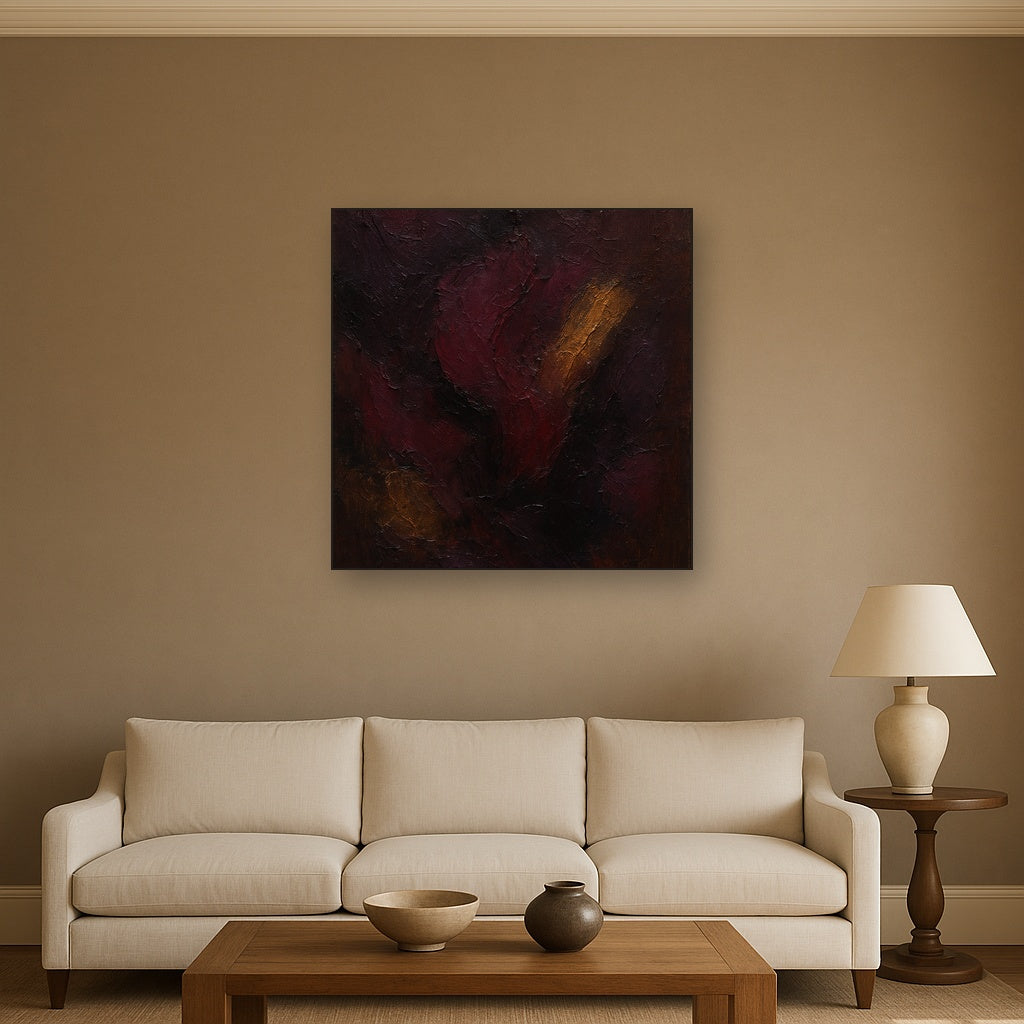 Rich Burgundy Plum & Velvet Amber No. 4 Oil Painting - Styled in Modern Living Room