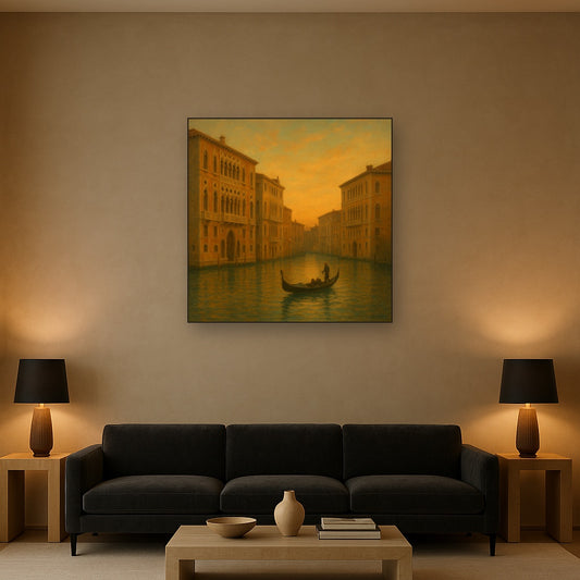 Venetian Canal Palaces at Golden Hour No. 17 Oil Painting Staged Above Sectional Sofa in Living Room, Hand Painted Canvas Wall Art for Home Decor