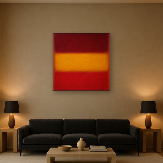 Crimson Burgundy & Saffron Gold Color Vibrations No. 6 Oil Painting Staged Above Sectional Sofa in Living Room, Hand Painted Canvas Wall Art for Home Decor