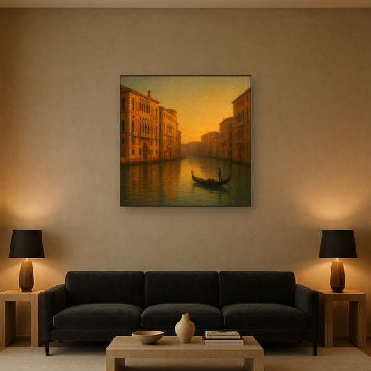 Venetian Canal Palaces at Golden Hour No. 30 Oil Painting Staged Above Sectional Sofa in Living Room, Hand Painted Canvas Wall Art for Home Decor