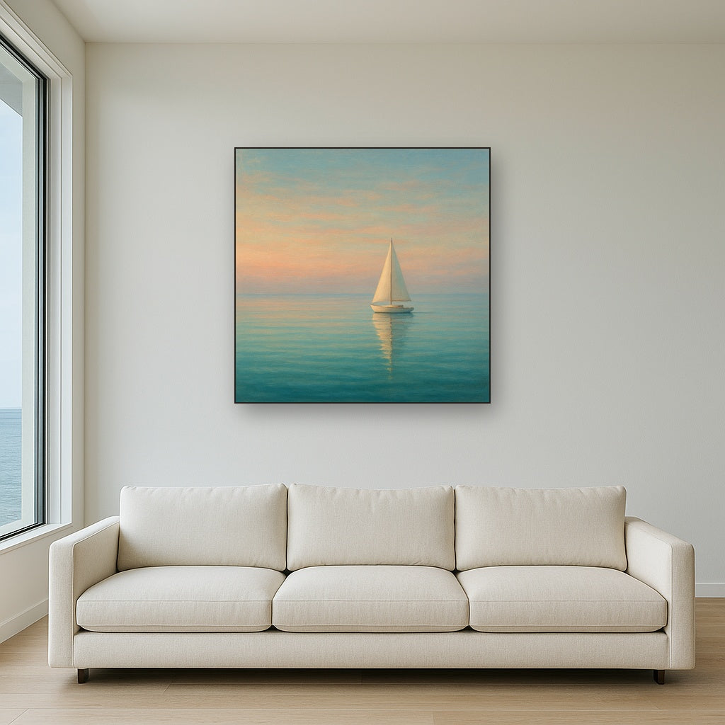 Solitary Sailboat on Vast Glass Horizon No. 3 Fine Art Oil Painting - View 2