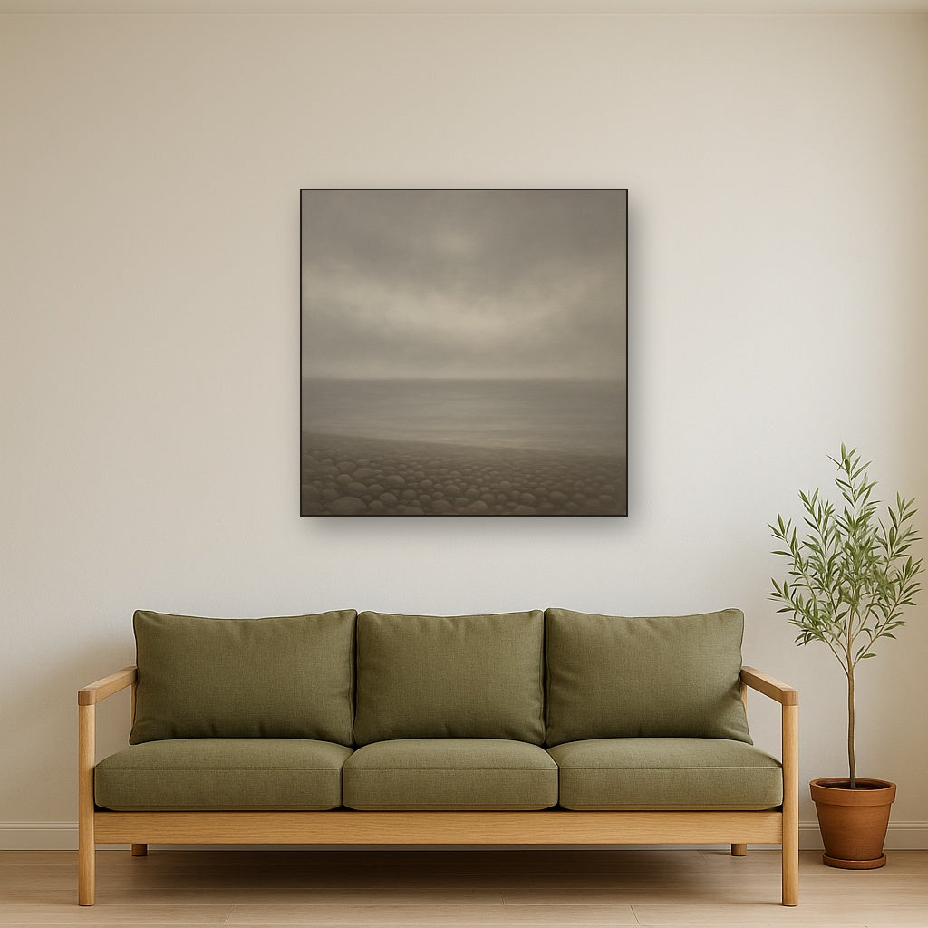 Overcast Coastal Fog & Wet Pebble Shingle No. 3 Oil Painting Staged Above Sectional Sofa in Living Room, Hand Painted Canvas Wall Art for Home Decor