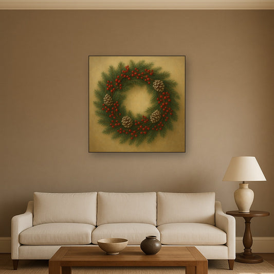 Vintage Holiday Botanical Wreath & Berries No. 4 Oil Painting Staged Above Sectional Sofa in Living Room, Hand Painted Canvas Wall Art for Home Decor