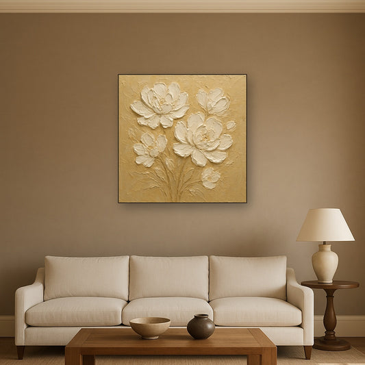 Sculptural White Flora Textured Impasto Oil Painting - Styled in Modern Living Room