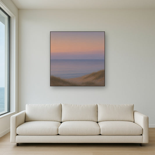 Pastel Dusk Horizon over Calm Atlantic Waters No. 5 Oil Painting Staged Above Sectional Sofa in Living Room, Hand Painted Canvas Wall Art for Home Decor