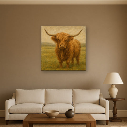 Muted Highland Cattle Pastoral Oil Painting No. 3 Oil Painting - Styled in Modern Living Room