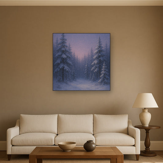 Quiet Pine Forest in Gentle Twilight Snow No. 8 Oil Painting Staged Above Sectional Sofa in Living Room, Hand Painted Canvas Wall Art for Home Decor