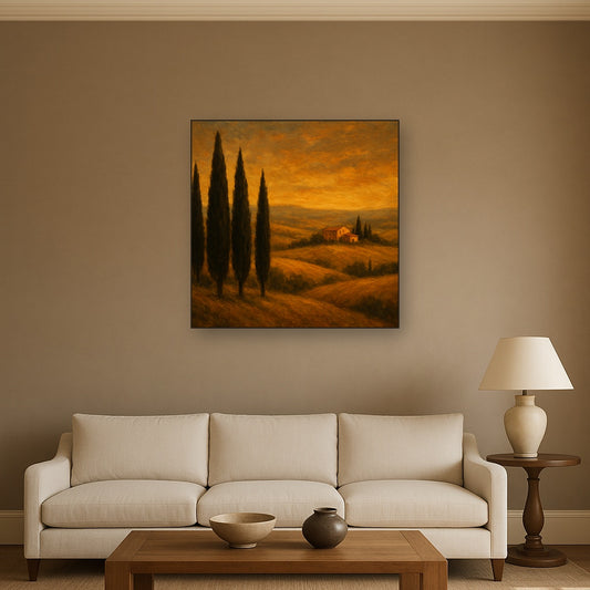 Tuscan Hillside Cypress Landscape Oil Painting - Styled in Modern Living Room