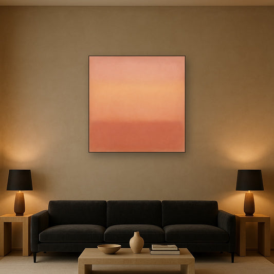 Blush Rose & Dusky Terracotta Ambient Glow No. 25 Oil Painting Staged Above Sectional Sofa in Living Room, Hand Painted Canvas Wall Art for Home Decor