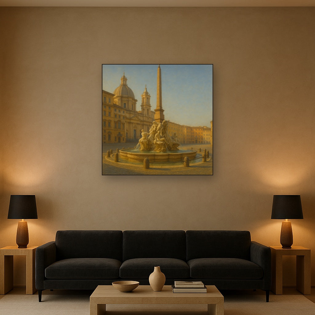 Rome Piazza Fountain in Morning Sunlight No. 13 Oil Painting Staged Above Sectional Sofa in Living Room, Hand Painted Canvas Wall Art for Home Decor