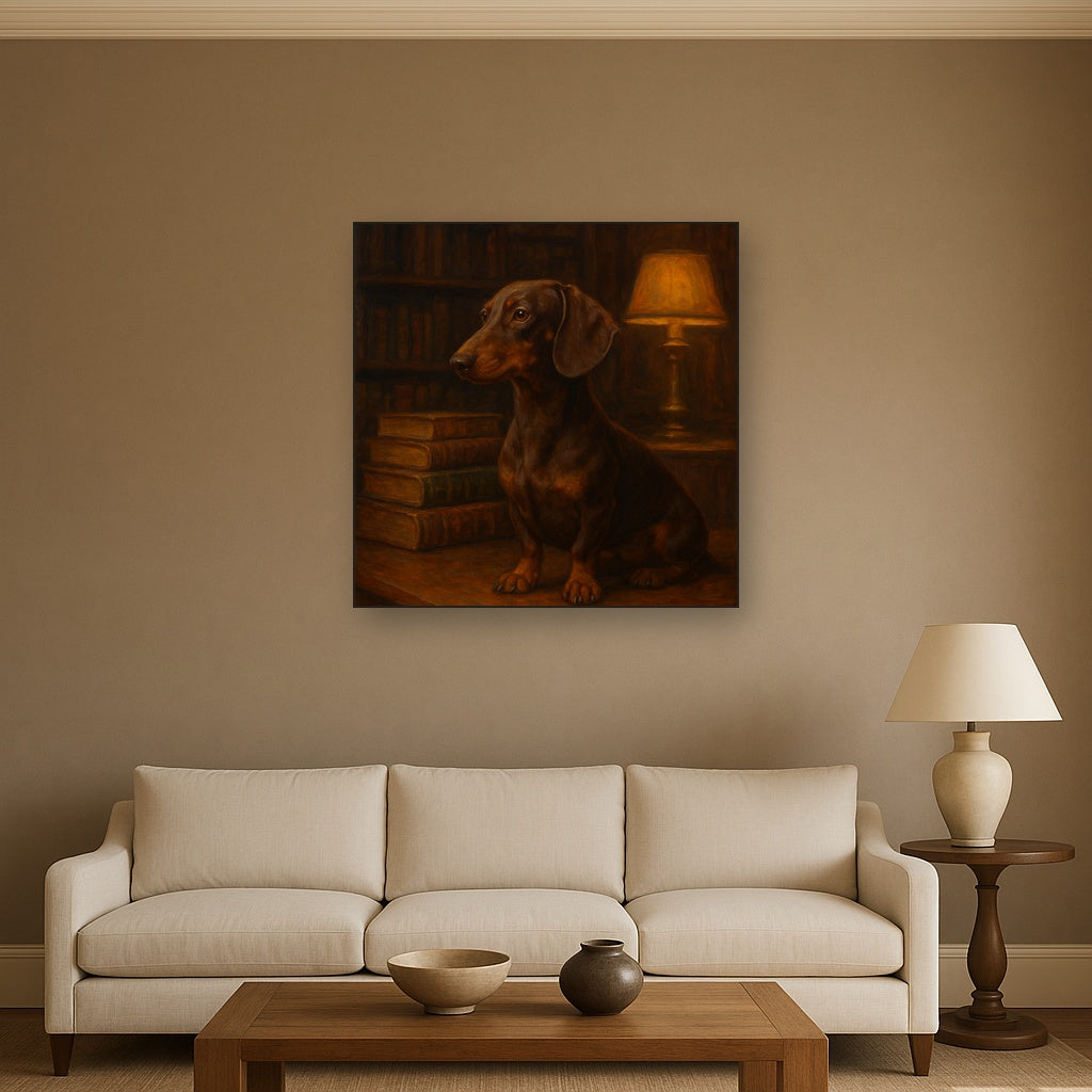 Smooth Dachshund in Moody Library Study No. 2 Fine Art Oil Painting - View 2