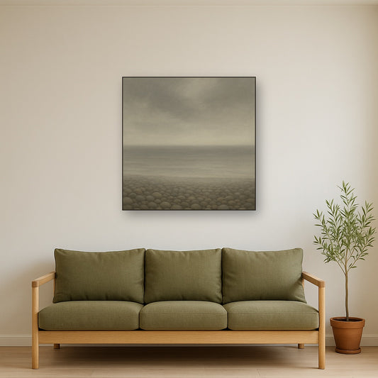 Overcast Coastal Fog & Wet Pebble Shingle No. 20 Oil Painting Staged Above Sectional Sofa in Living Room, Hand Painted Canvas Wall Art for Home Decor