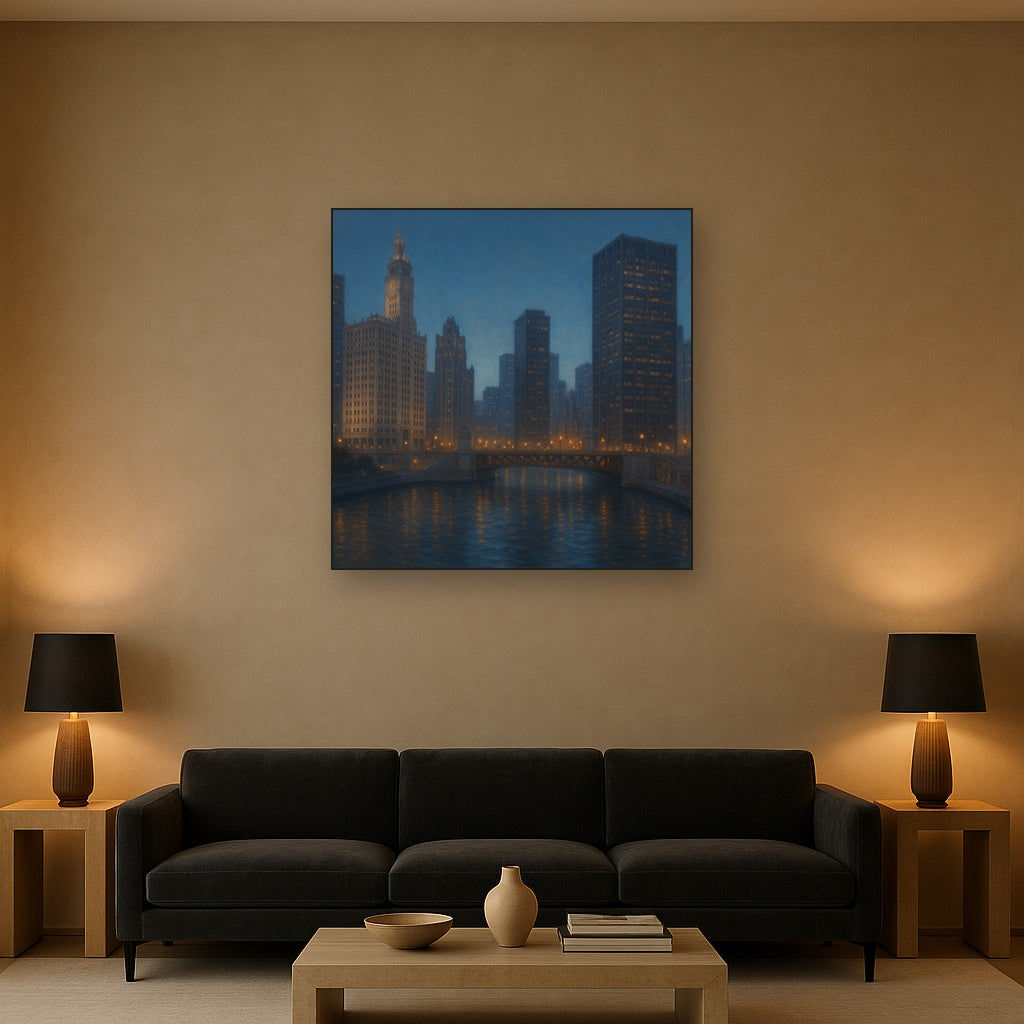 Chicago Riverfront Architecture at Blue Hour No. 12 Oil Painting - View 2
