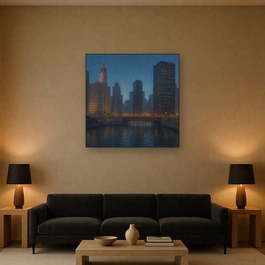 Chicago Riverfront Architecture at Blue Hour No. 12 Oil Painting Staged Above Sectional Sofa in Living Room, Hand Painted Canvas Wall Art for Home Decor