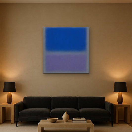 Cobalt Azure & Twilight Lavender Immersion No. 20 Oil Painting Staged Above Sectional Sofa in Living Room, Hand Painted Canvas Wall Art for Home Decor