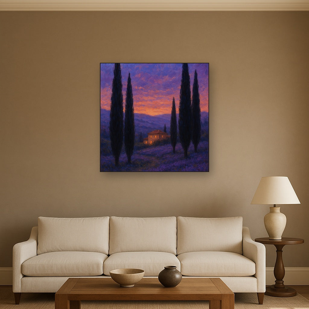 Tuscan Cypress Twilight Landscape Oil Painting - View 2