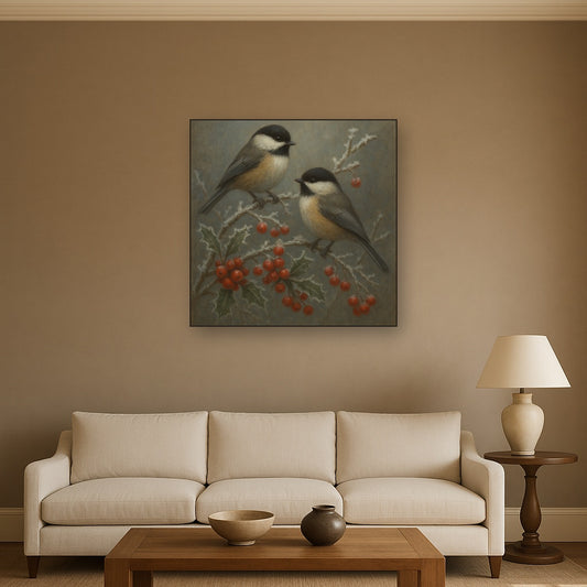 Winter Birds on Frosty Red Berry Branch No. 7 Oil Painting - View 2