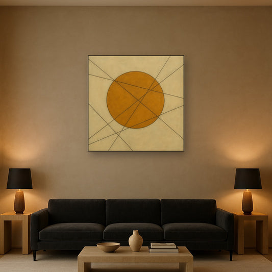 Abstract Tangent Lines & Earthy Ochre Disc No. 9 Oil Painting Staged Above Sectional Sofa in Living Room, Hand Painted Canvas Wall Art for Home Decor