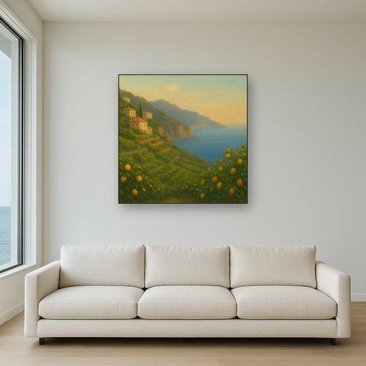 Italian Amalfi Coastline Terraces & Lemon Grove No. 14 Oil Painting Staged Above Sectional Sofa in Living Room, Hand Painted Canvas Wall Art for Home Decor