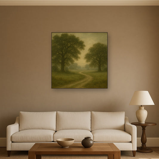Misty English Countryside Lane No. 2 Oil Painting Staged Above Sectional Sofa in Living Room, Hand Painted Canvas Wall Art for Home Decor