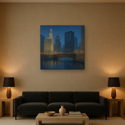 Chicago Riverfront Architecture at Blue Hour No. 27 Oil Painting Staged Above Sectional Sofa in Living Room, Hand Painted Canvas Wall Art for Home Decor