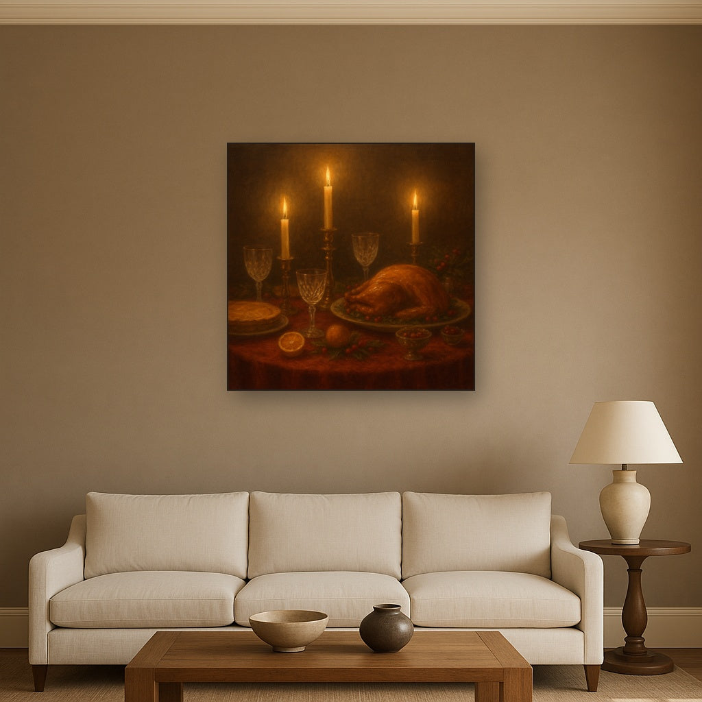 Candlelit Holiday Table & Vintage Glassware Oil Painting Staged Above Sectional Sofa in Living Room, Hand Painted Canvas Wall Art for Home Decor