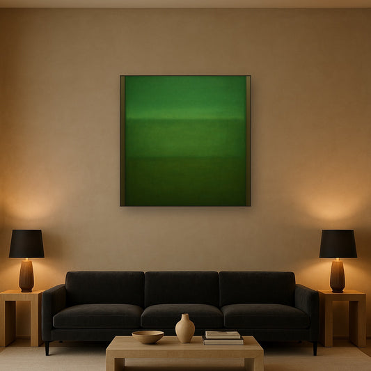 Forest Emerald & Deep Moss Contemplative Field No. 4 Oil Painting Staged Above Sectional Sofa in Living Room, Hand Painted Canvas Wall Art for Home Decor
