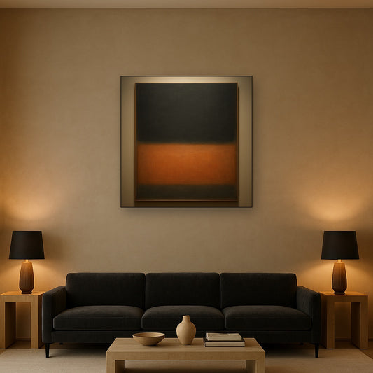 Charcoal Slate & Burnished Copper Horizon No. 25 Oil Painting Staged Above Sectional Sofa in Living Room, Hand Painted Canvas Wall Art for Home Decor