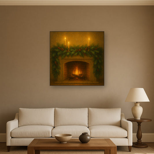 Vintage Fireside Hearth & Cedar Garlands Oil Painting Staged Above Sectional Sofa in Living Room, Hand Painted Canvas Wall Art for Home Decor