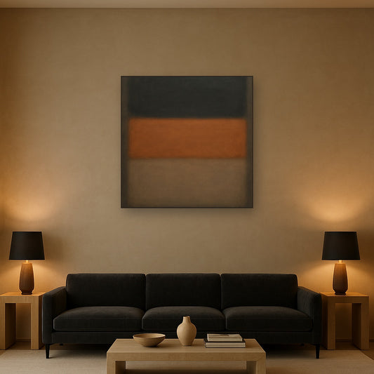 Charcoal Slate & Burnished Copper Horizon No. 14 Oil Painting Staged Above Sectional Sofa in Living Room, Hand Painted Canvas Wall Art for Home Decor