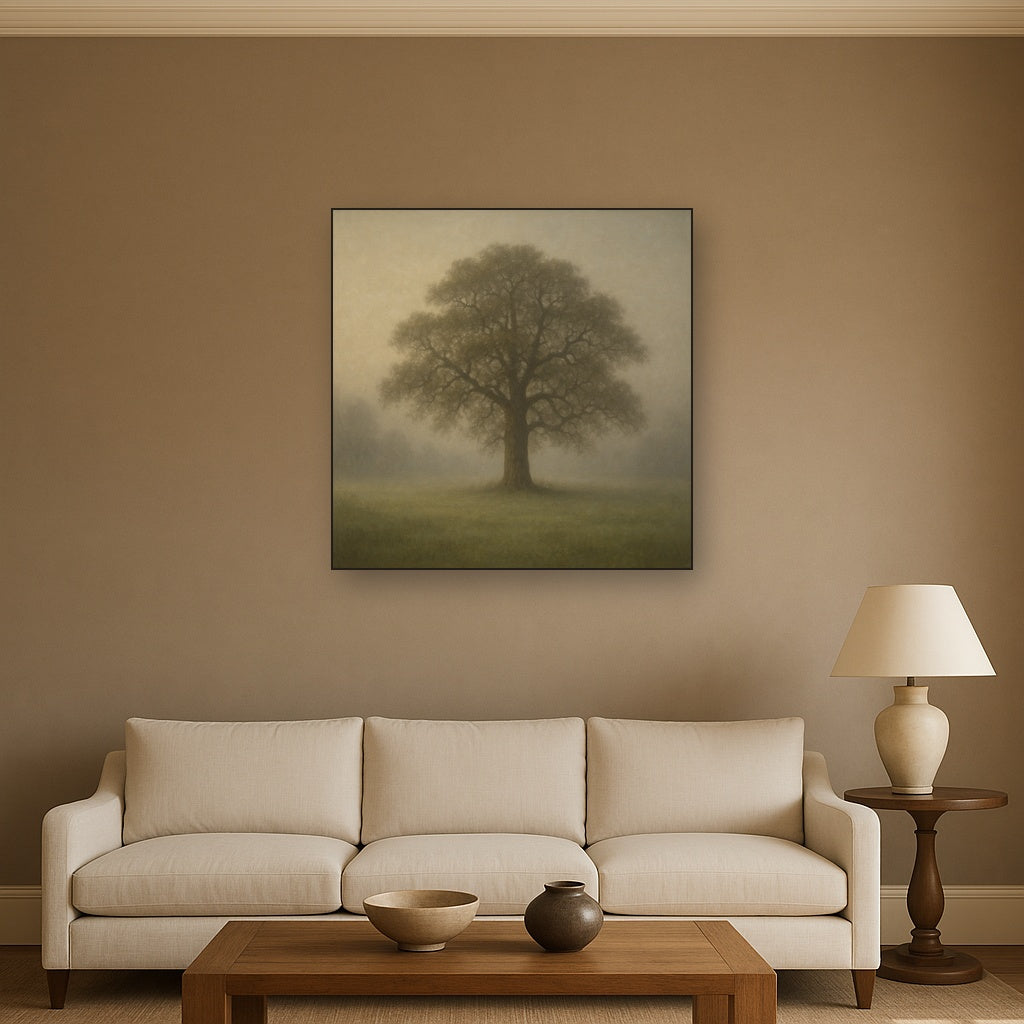 Ancient Solitary Oak in Morning Fog No. 3 Oil Painting - View 2