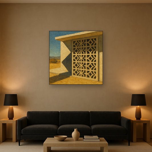 Desert Modern Breeze Block Shadow Oil Painting - Styled in Modern Living Room