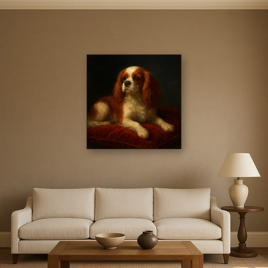 Cavalier King Charles Spaniel on Velvet Cushion No. 13 Fine Art Oil Painting - View 2