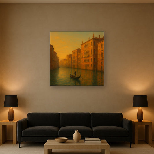 Venetian Canal Palaces at Golden Hour No. 9 Oil Painting Staged Above Sectional Sofa in Living Room, Hand Painted Canvas Wall Art for Home Decor