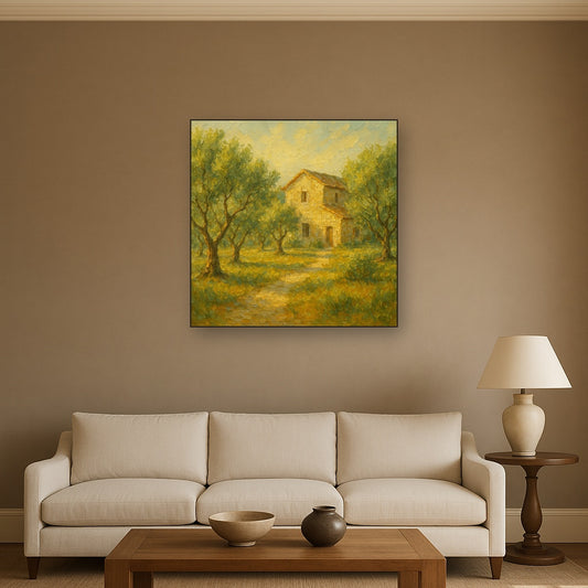 Vintage Olive Grove & Stone Farmhouse No. 3 Oil Painting - Styled in Modern Living Room