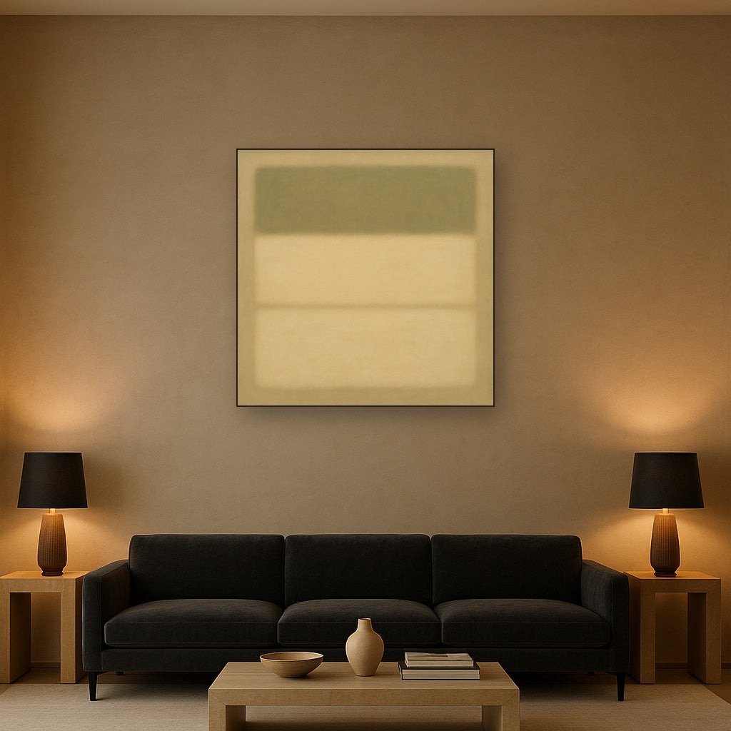 Sage Olive & Pale Sandstone Minimalist Harmony No. 9 Oil Painting Staged Above Sectional Sofa in Living Room, Hand Painted Canvas Wall Art for Home Decor