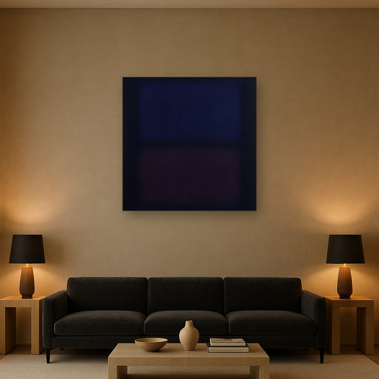 Deep Indigo & Midnight Plum Ambient Field No. 4 Oil Painting Staged Above Sectional Sofa in Living Room, Hand Painted Canvas Wall Art for Home Decor