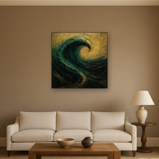 Deep Emerald & Obsidian Swell No. 3 Oil Painting - Styled in Modern Living Room