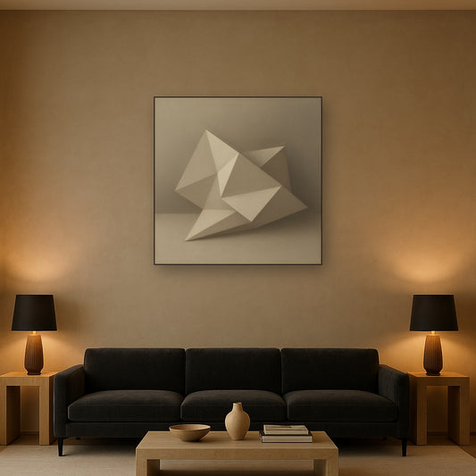 Folded Paper Geometry in Neutral Gradient Shadows No. 17 Oil Painting Staged Above Sectional Sofa in Living Room, Hand Painted Canvas Wall Art for Home Decor