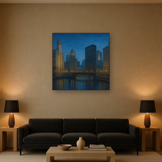 Chicago Riverfront Architecture at Blue Hour No. 2 Oil Painting - View 2